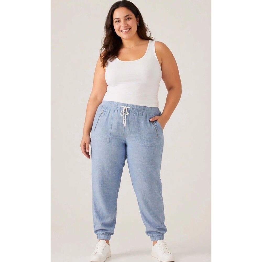 NWT Athleta Size 16 Chambray Blue Cabo Linen Jogger Travel Pants Casual Beach